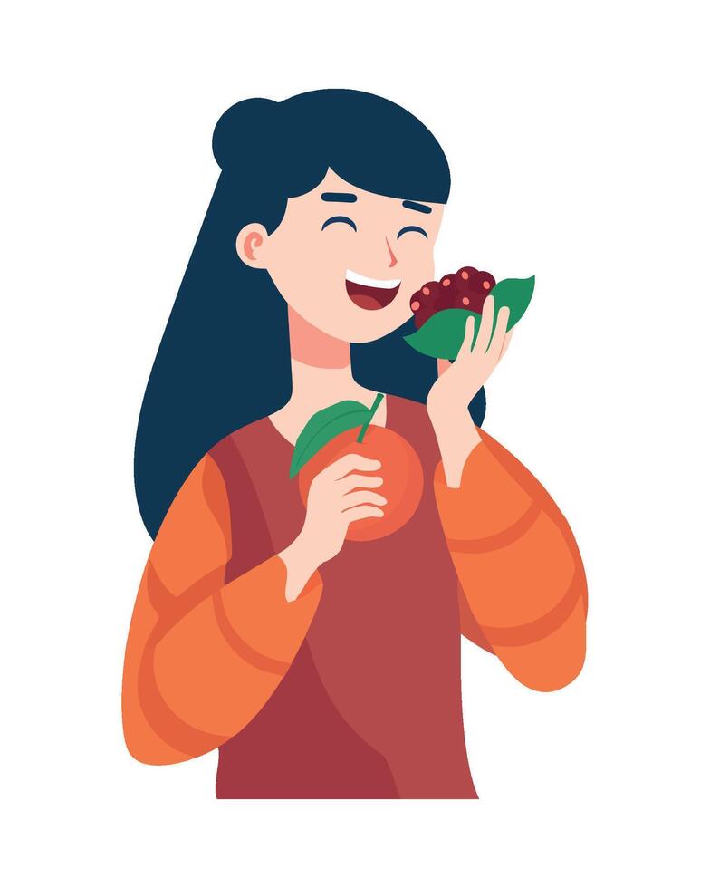 A woman holding an apple and eating it vector