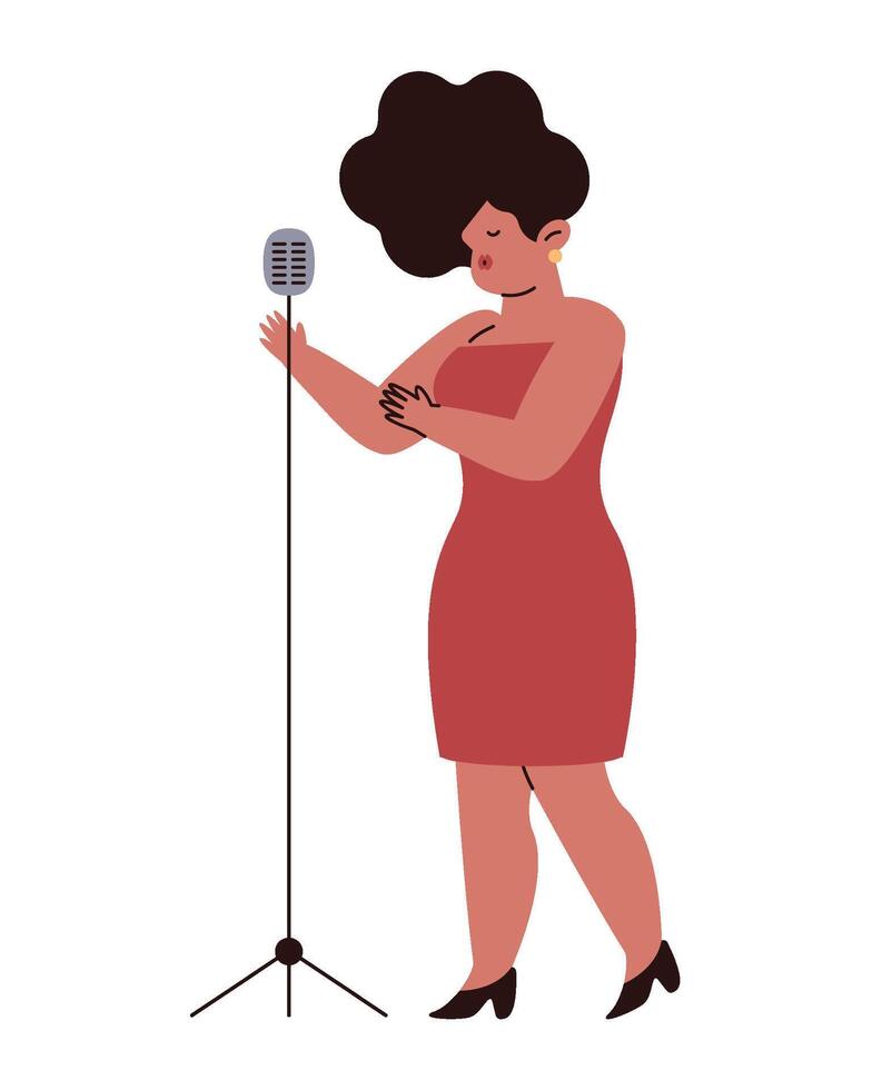 A woman in a red dress is singing into a microphone vector