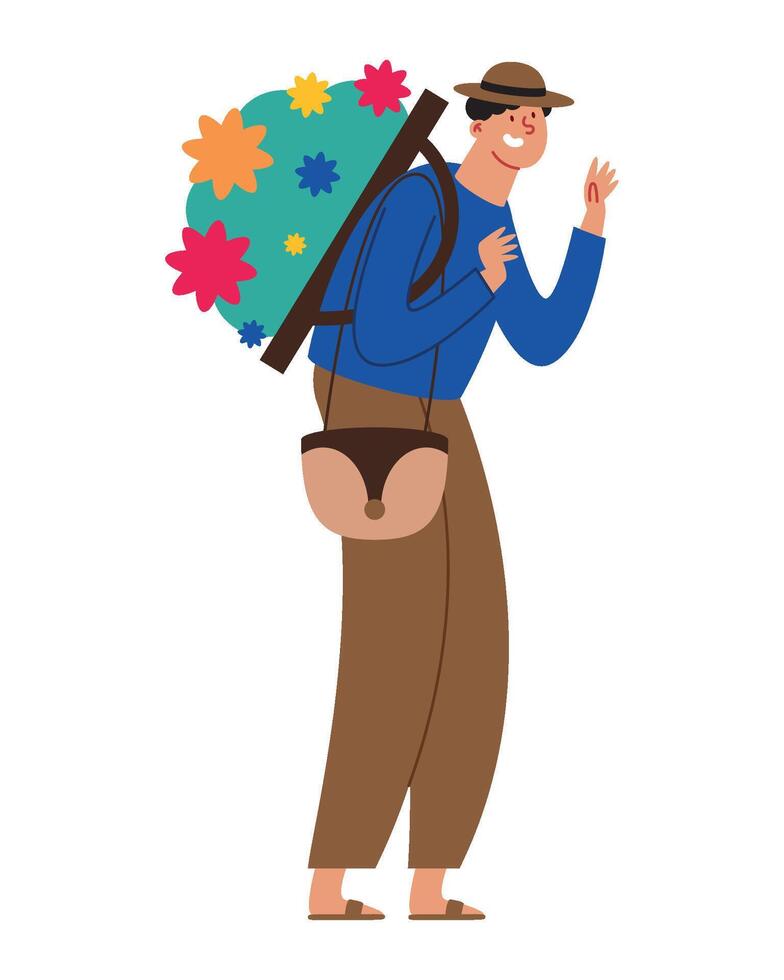 A man carrying a backpack with flowers vector