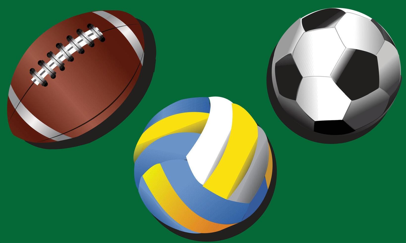 Soccer Ball, Football and volley ball the team games isolated on green background vector