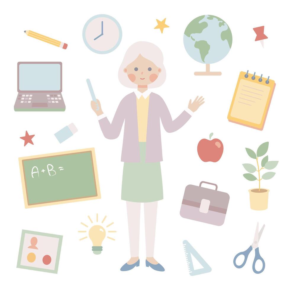 Elementary school cute set of elements. Teacher and teaching and learning supplies. Cartoon flat illustration. vector