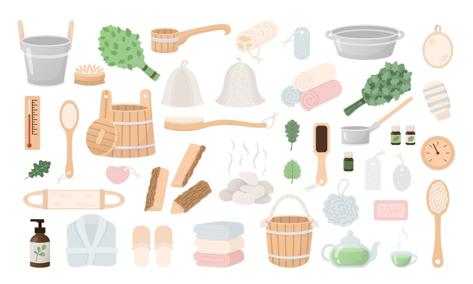 Sauna items set in cartoon flat style. Spa, hammam icons, hand drawn design elements. vector