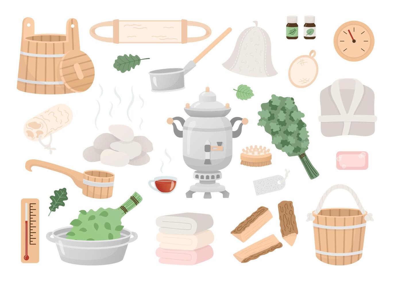 Sauna, bath items set in cartoon flat style. Spa, russian bath house icons, hand drawn design elements. vector
