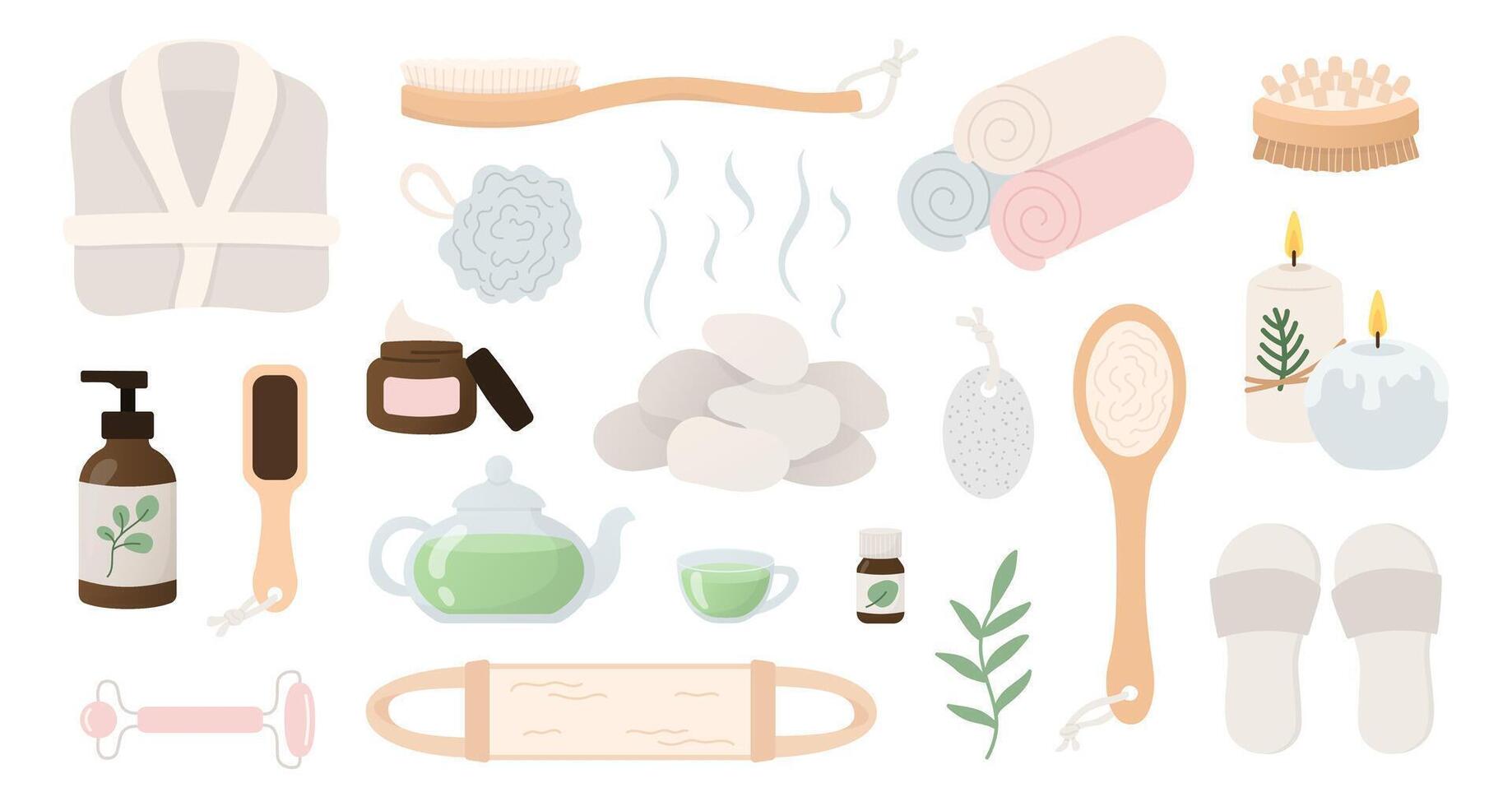 Spa, bath, sauna elements set in cartoon flat style. Massage and beauty salon icons. vector
