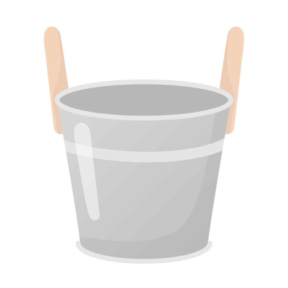 Iron metal bucket with wooden handles flat style illustration. Sauna, bathhouse, farm object, design element isolated on white. vector