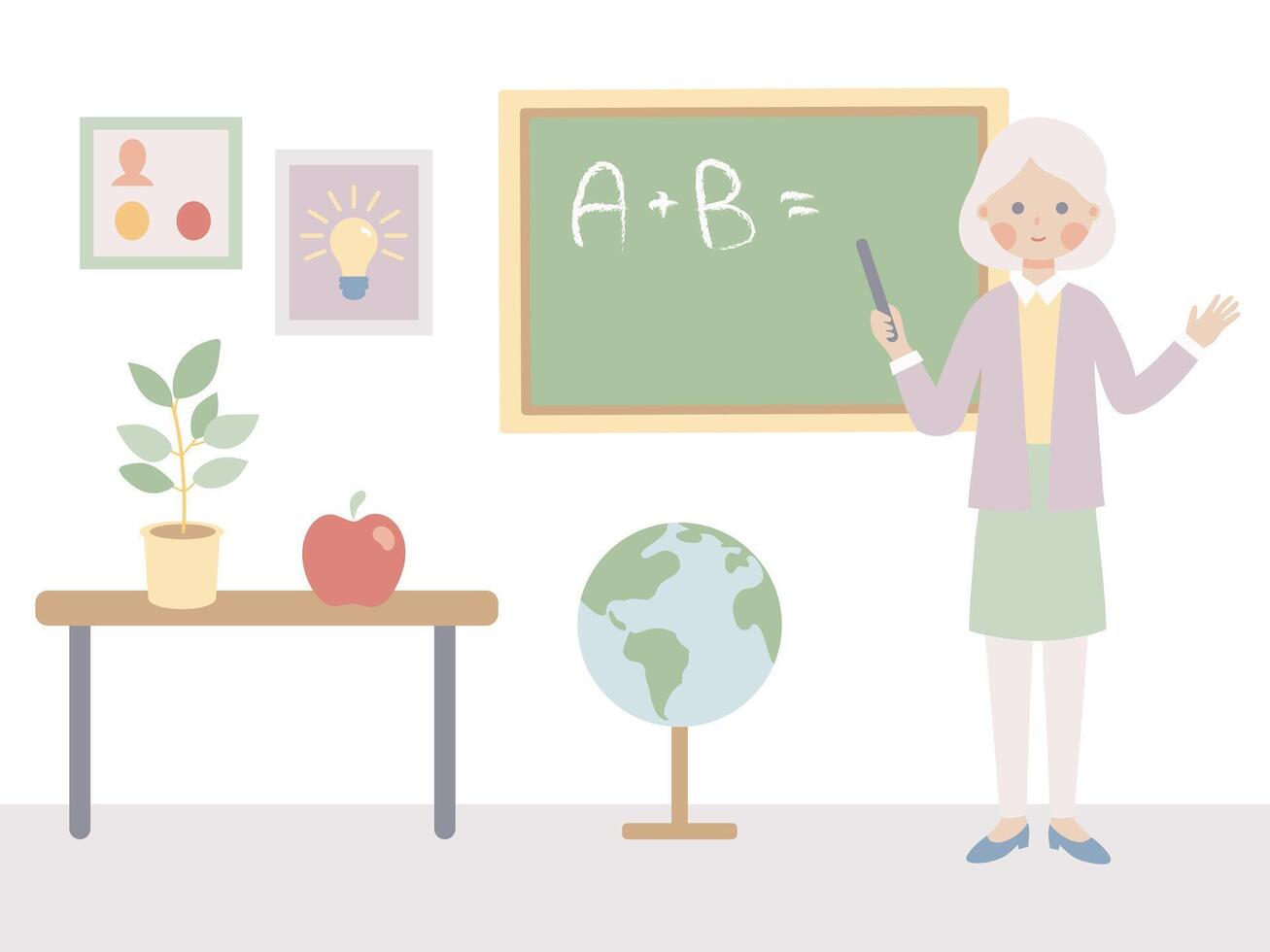 Cute poster school teacher in front of chalk board in class. Teaching, learning. Primary school banner, background. Cartoon flat illustration. vector