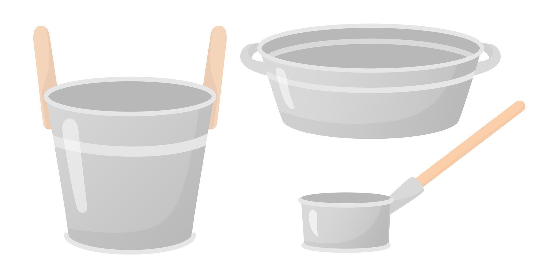 Set of Iron metal galvanized busket, basin, ladle with wooden handle flat style illustration. Sauna, bathhouse, farm, kitchen objects, design elements isolated on white. vector