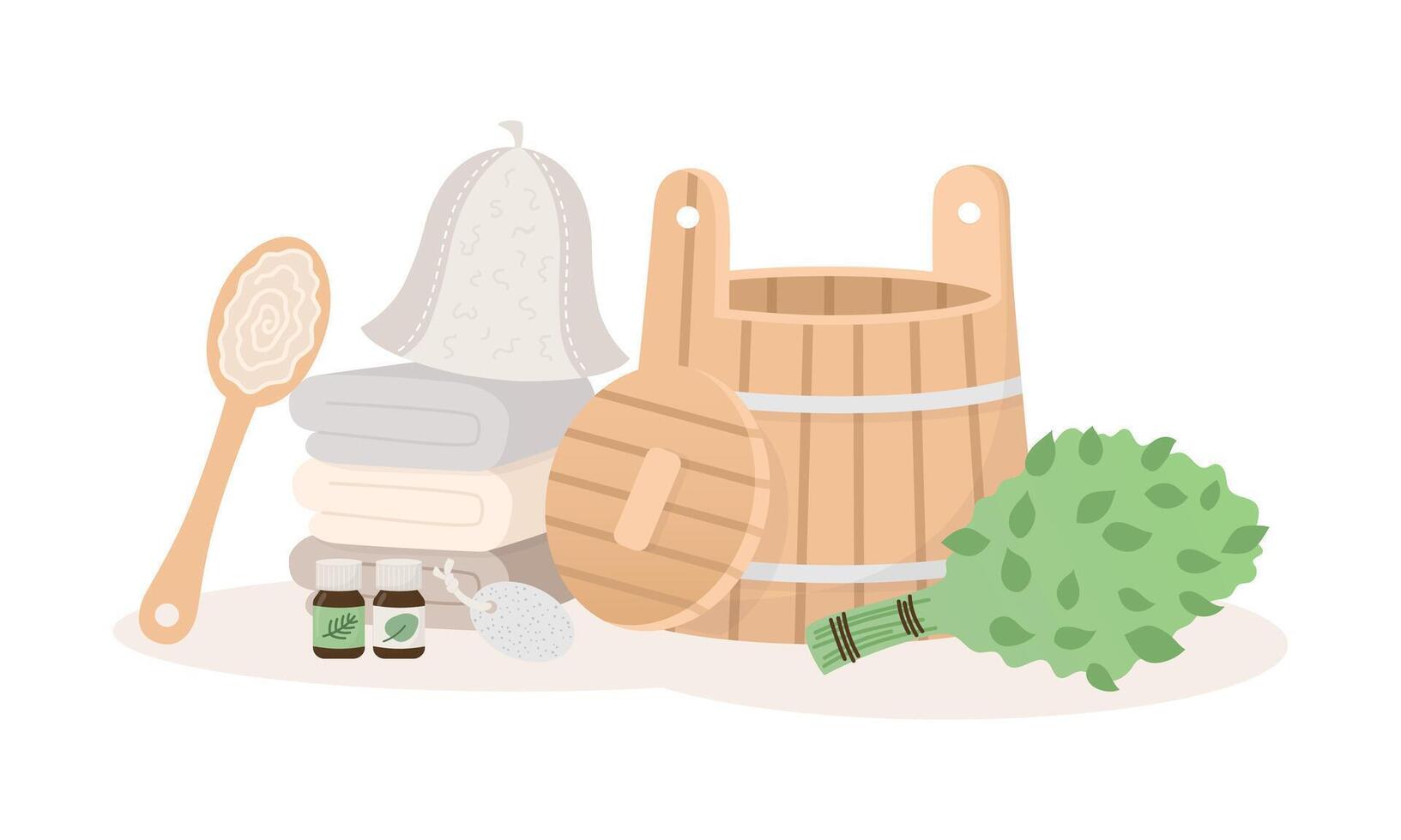Sauna, bathhouse tools illustration in cartoon flat style. Brooms, font, towels. vector