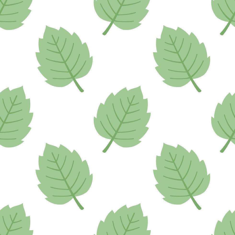 Seamless pattern green birch leaves cartoon flat style. vector