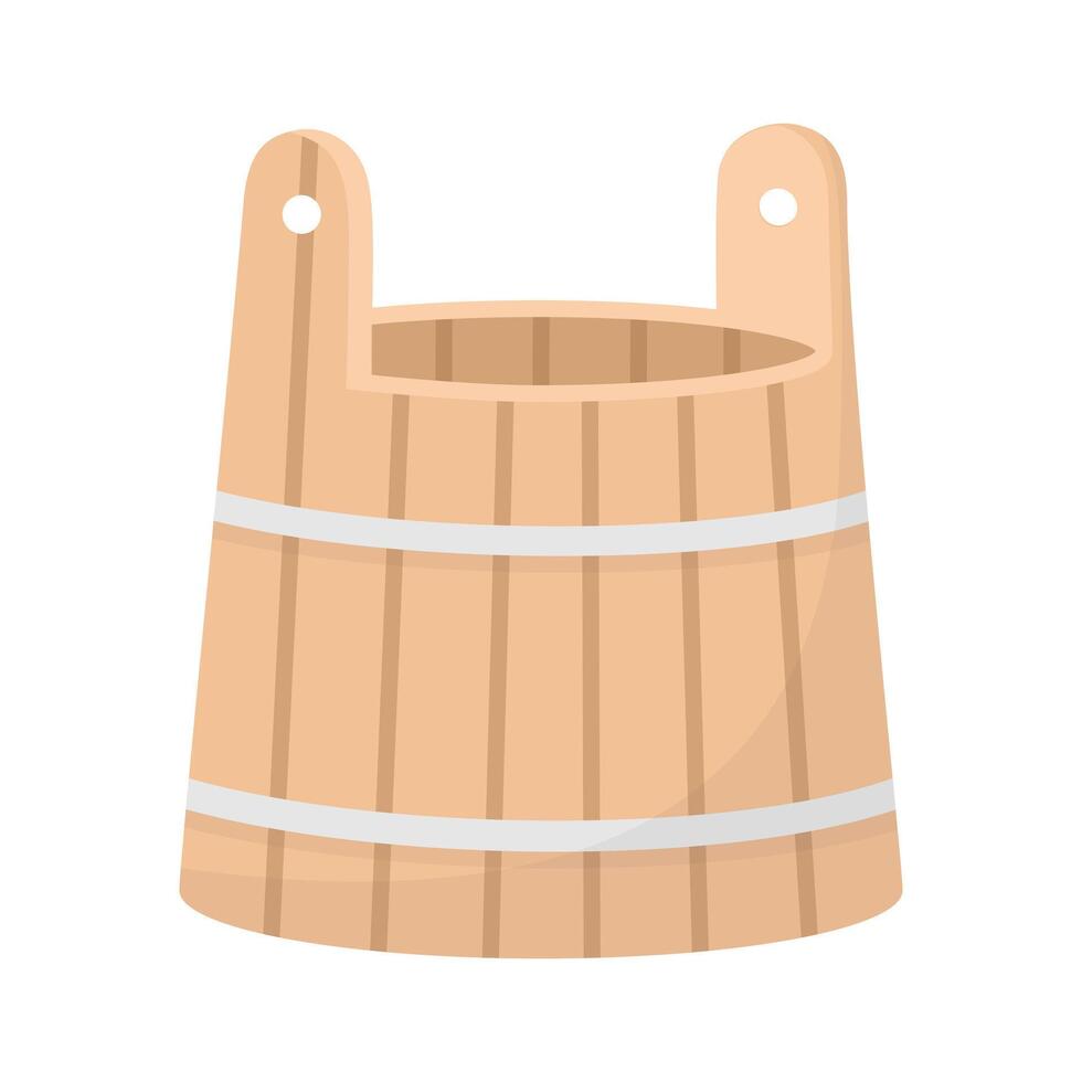 Wooden bucket flat style illustration. Sauna, bathhouse, spa object, design element isolated on white. vector