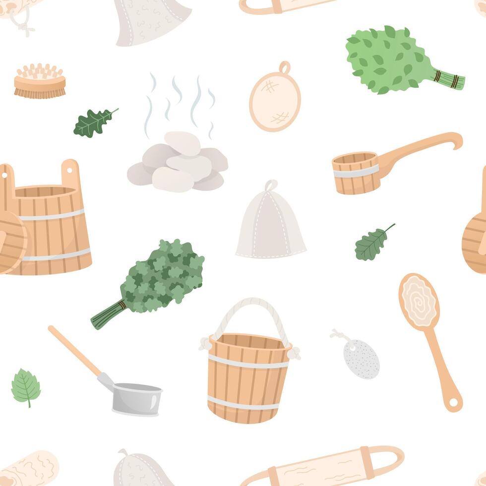 Seamless pattern with sauna spa items in cartoon flat style isolated on white background. vector