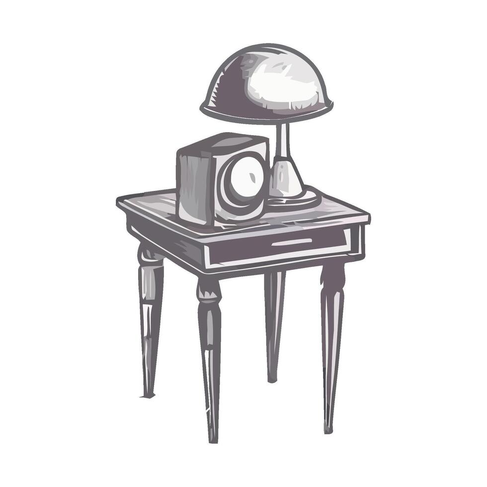 A drawing of a table with a lamp and a radio vector