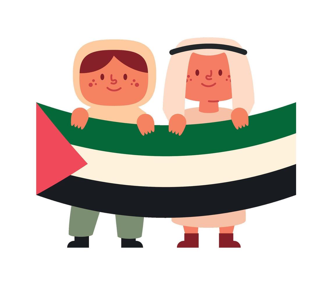 Two children holding a flag of palestine vector