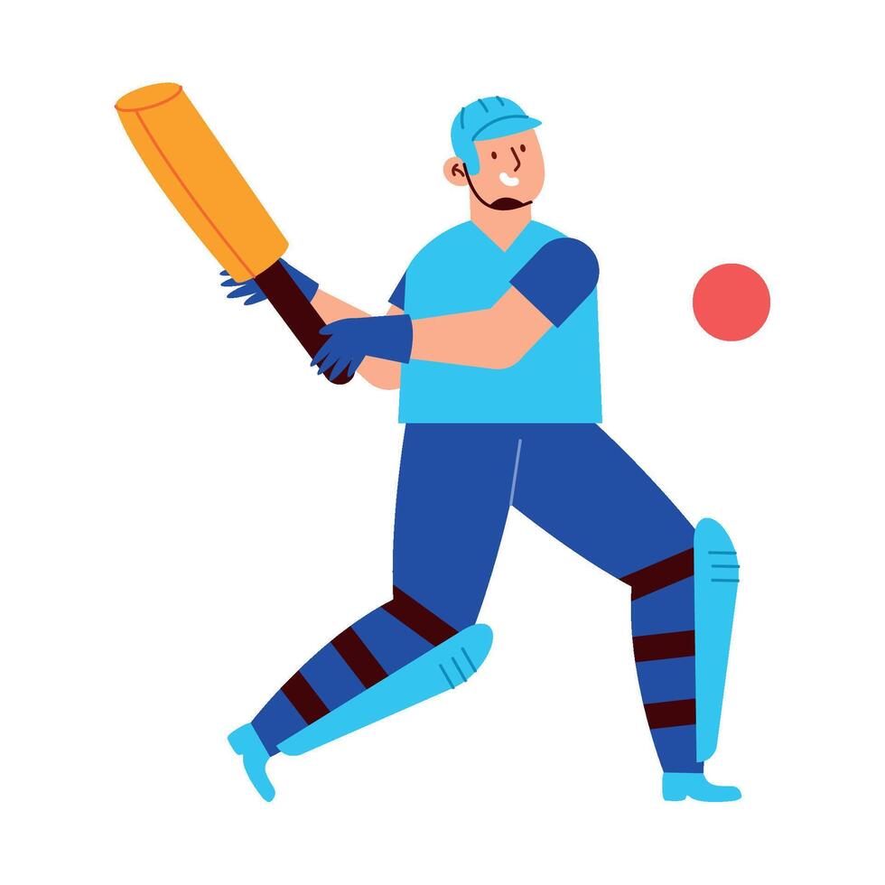 Cricket player in blue uniform with bat and ball vector