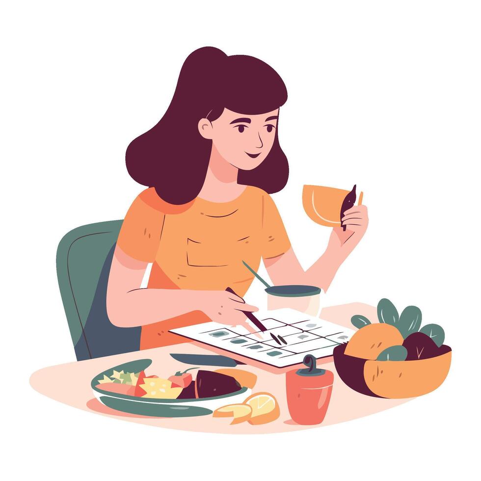 A woman is sitting at a table with a plate of food vector