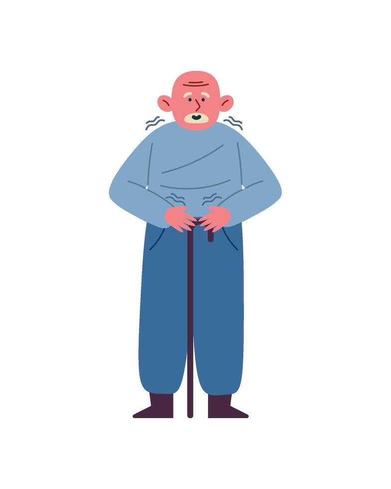 An old man with a cane standing in a blue shirt vector