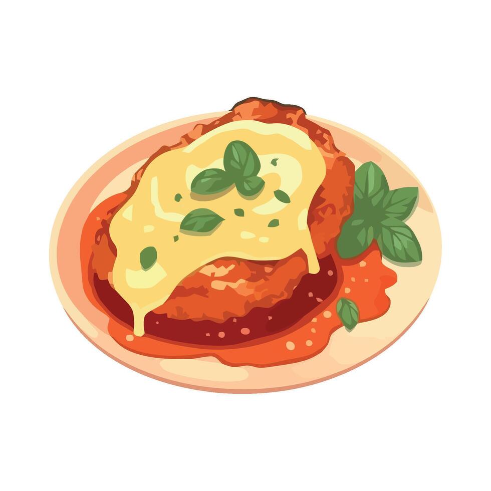 Chicken breast with sauce and basil on a plate vector