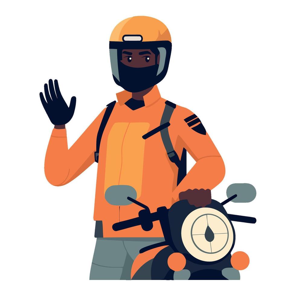 A man in an orange helmet and jacket is waving vector