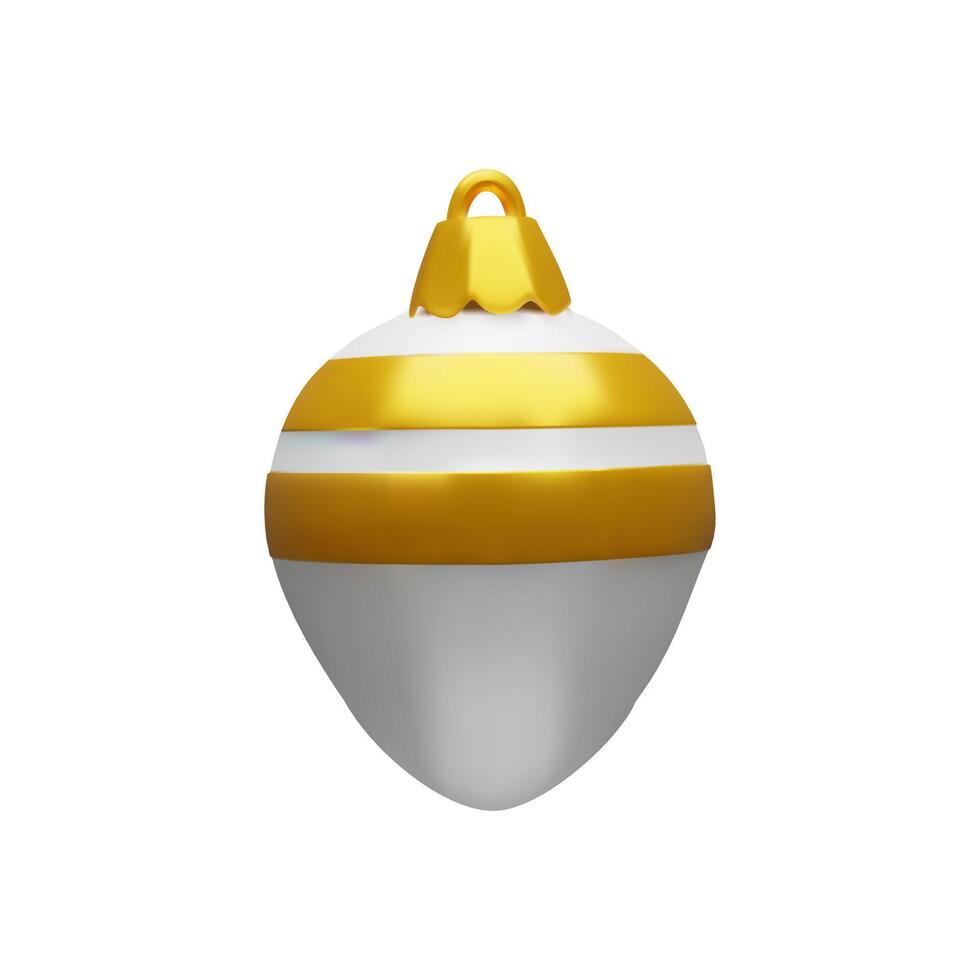 3d gold striped rendering Christmas ball. Realistic three-dimensional illustration. Winter holiday colors decoration in cartoon luxury style. Symbol for Happy New year and Merry Christmas. vector