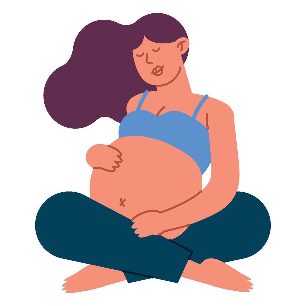 Pregnant woman sitting on the floor with her hands on her belly vector