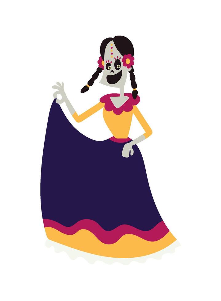 A cartoon skeleton in a traditional dress vector