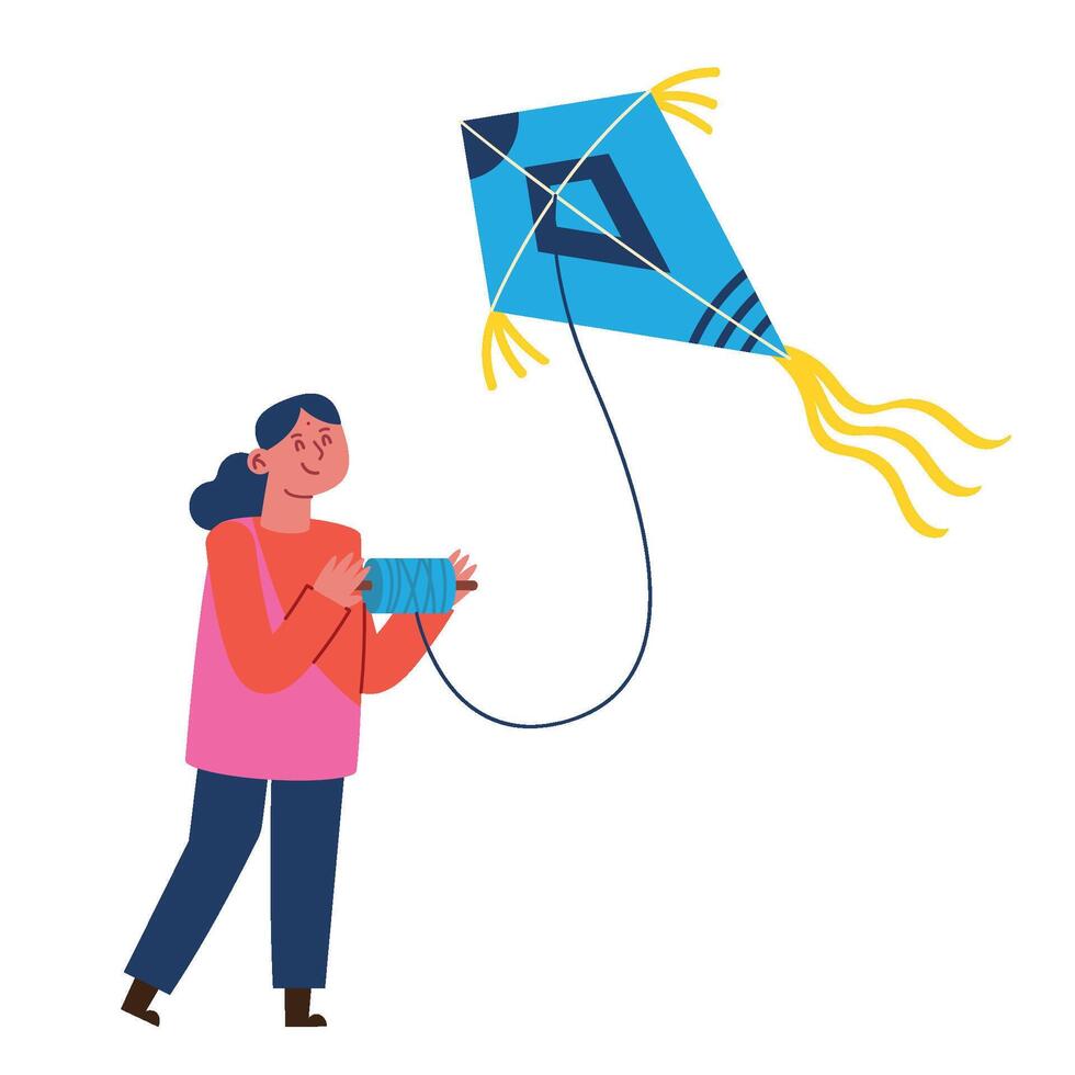 A woman is holding a kite and looking at it vector