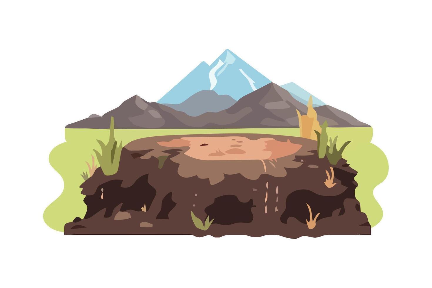 A cartoon illustration of a mountain with a stump and grass vector