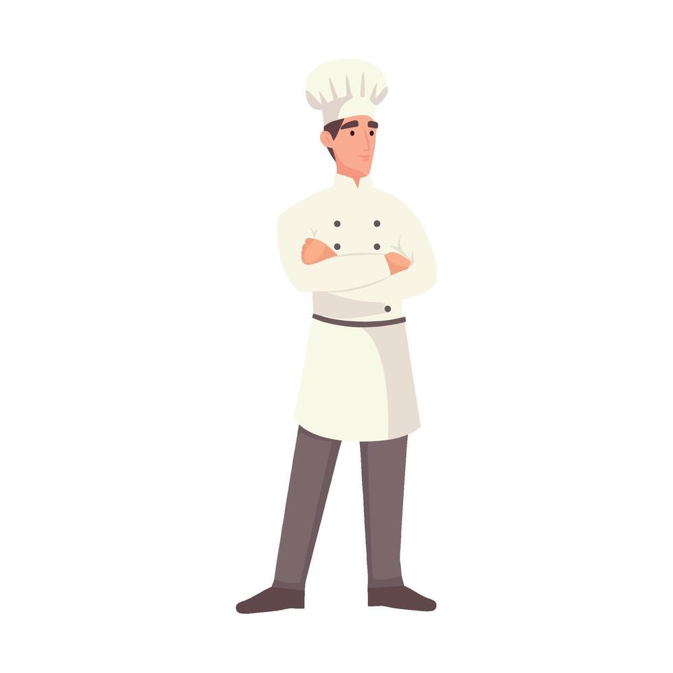 Chef in chef uniform standing with arms crossed, cartoon illustration on white background vector