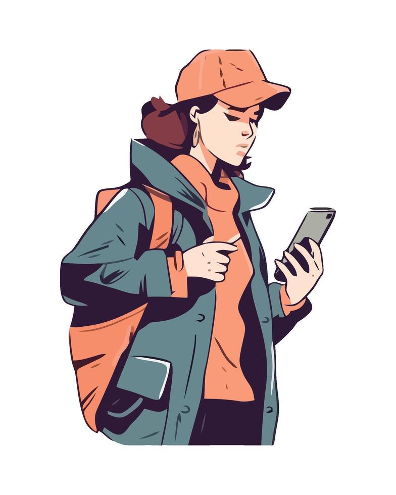 A girl with a backpack and hat is looking at her phone vector