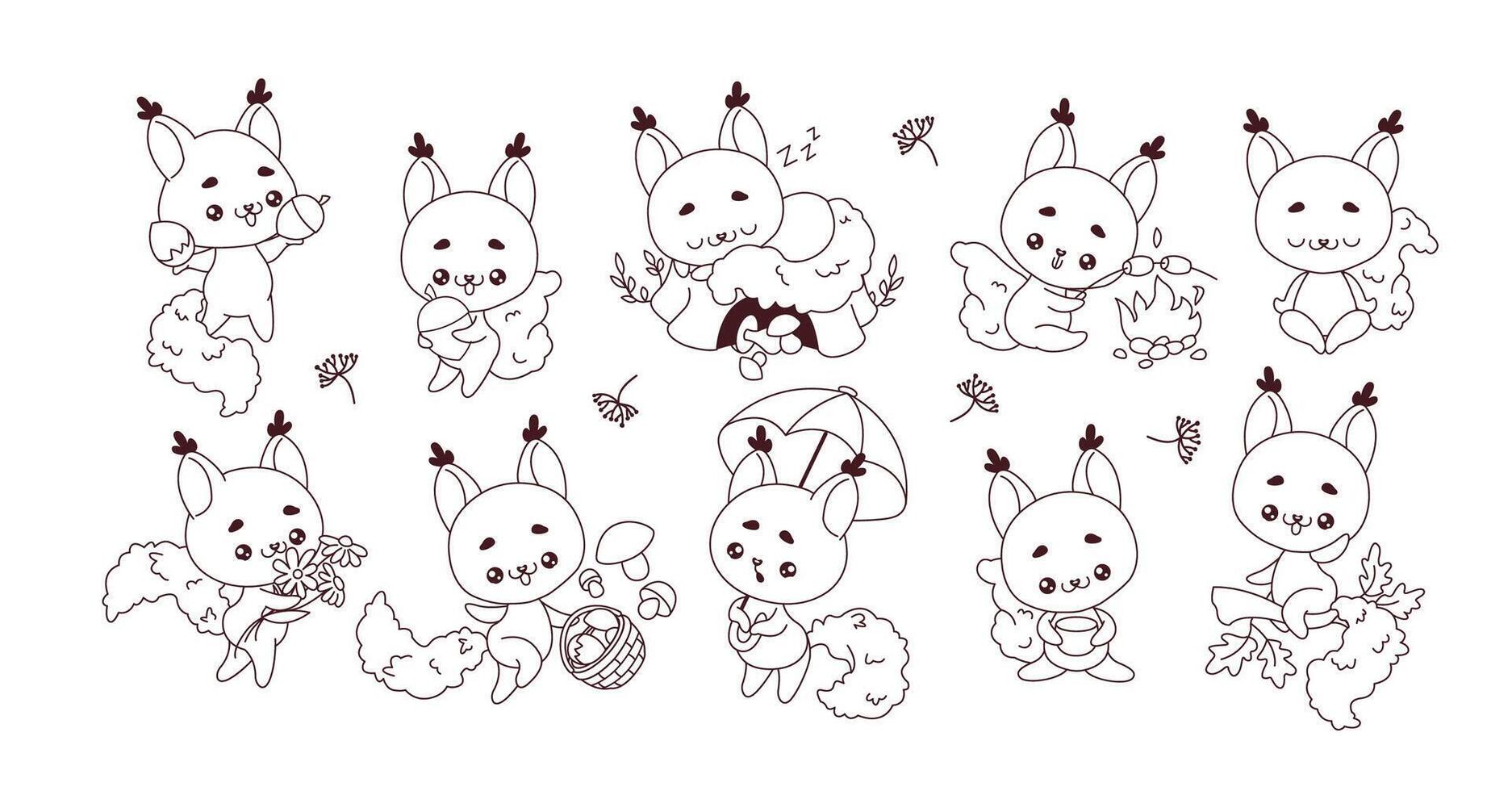 Line cartoon illustrations with squirrels in range of scenarios. Kawaii wild rodents n various activities presented on white background vector