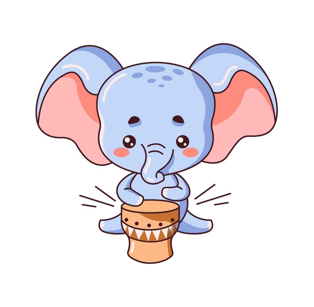 Kawaii little elephant playing drum flat color illustration. Adorable wild animal cub adding lively beat to melody on white background vector