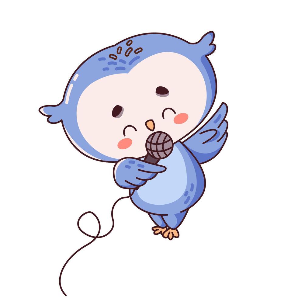Voice of kawaii bird creates melody flat color illustration. Melodious voice of kawaii owl fills air with joy icon on white background vector