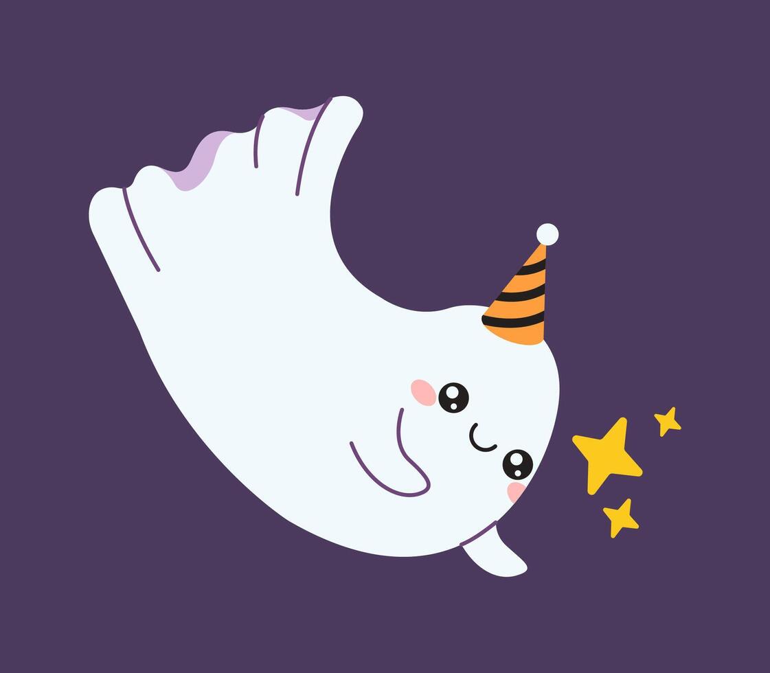 Funny ghost catching stars flat color illustration. Playful little monster in night sky Halloween character on purple background vector
