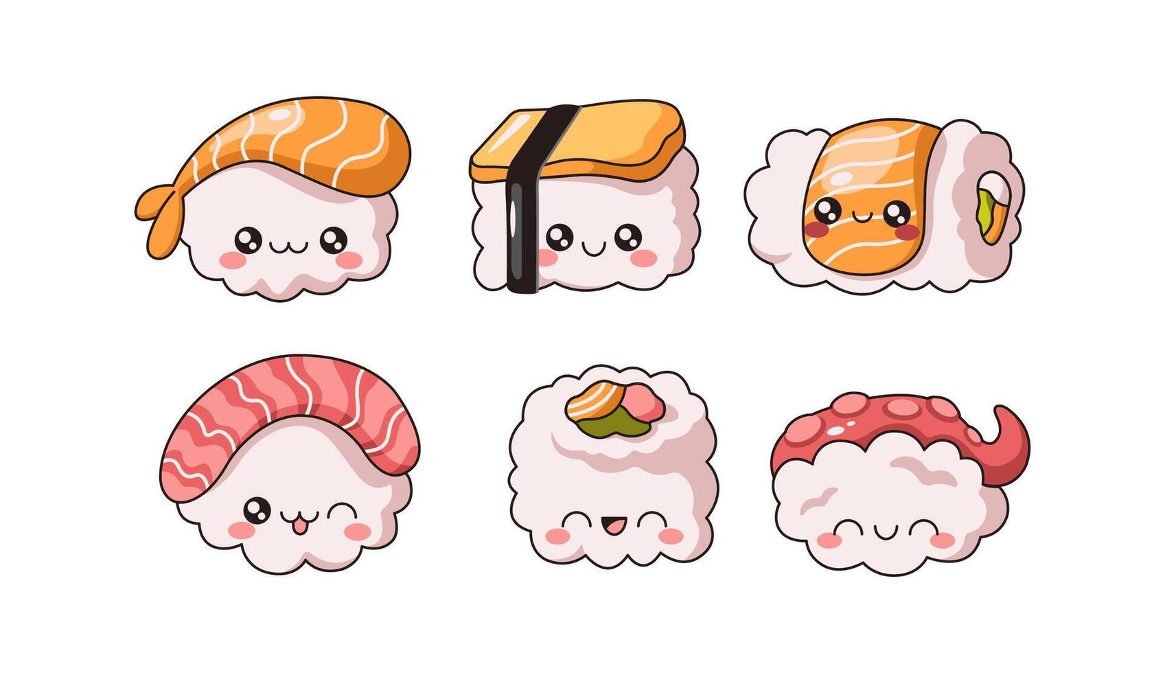 Funny sushi rolls and sashimi flat color illustration set. Kawaii Japanese snacks with faces characters on white collection vector