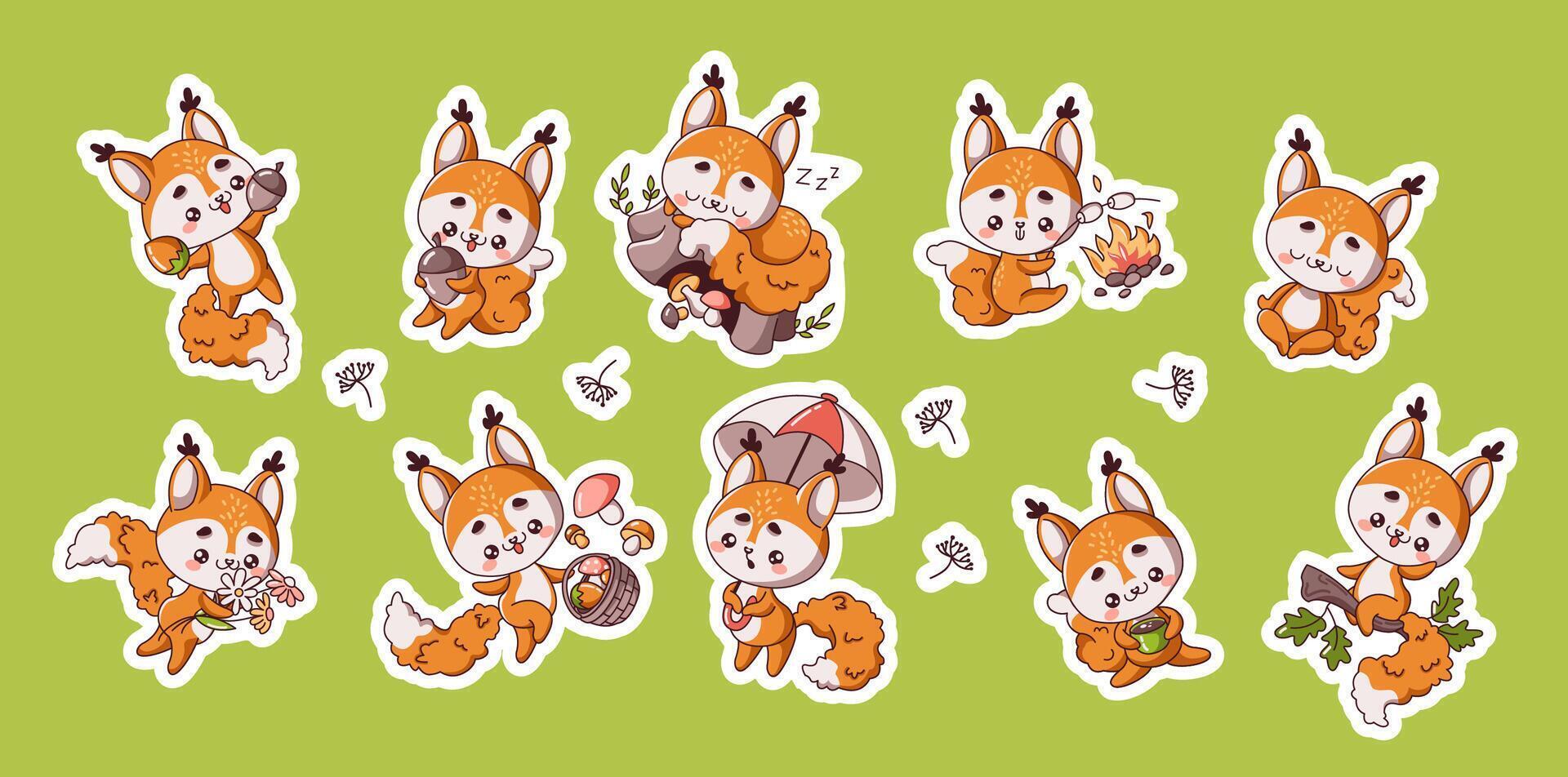 Squirrels enjoying life in various settings flat color images. Kawaii wild rodents illustrated in different entertaining scenes on green background vector