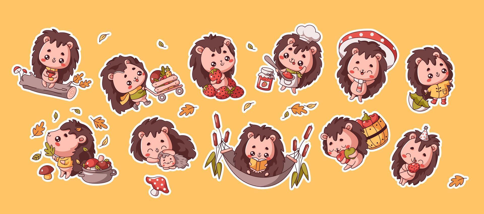 Kawaii hedgehogs lively activities flat color illustrations. Icon set with wild animals in entertaining situations on yellow background vector