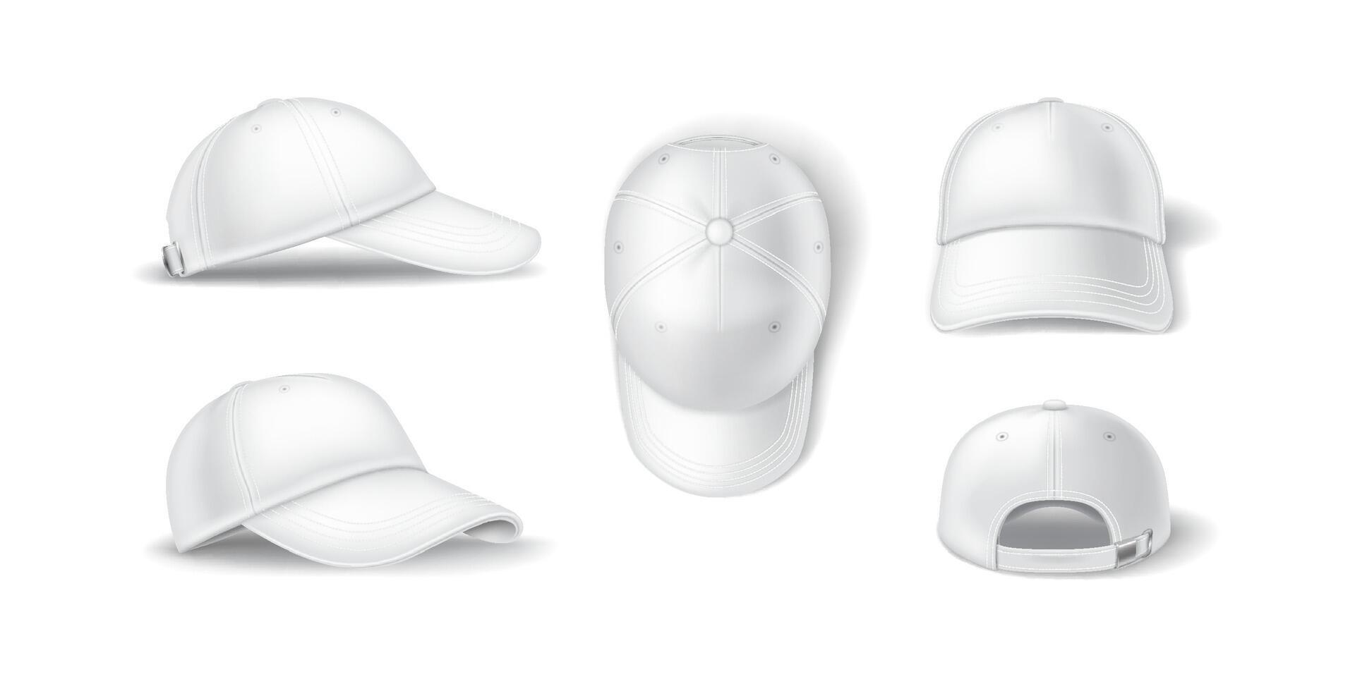 Logo baseball cap various perspectives realistic illustration set. Hat clothing accessories with mockup 3d models on white background vector