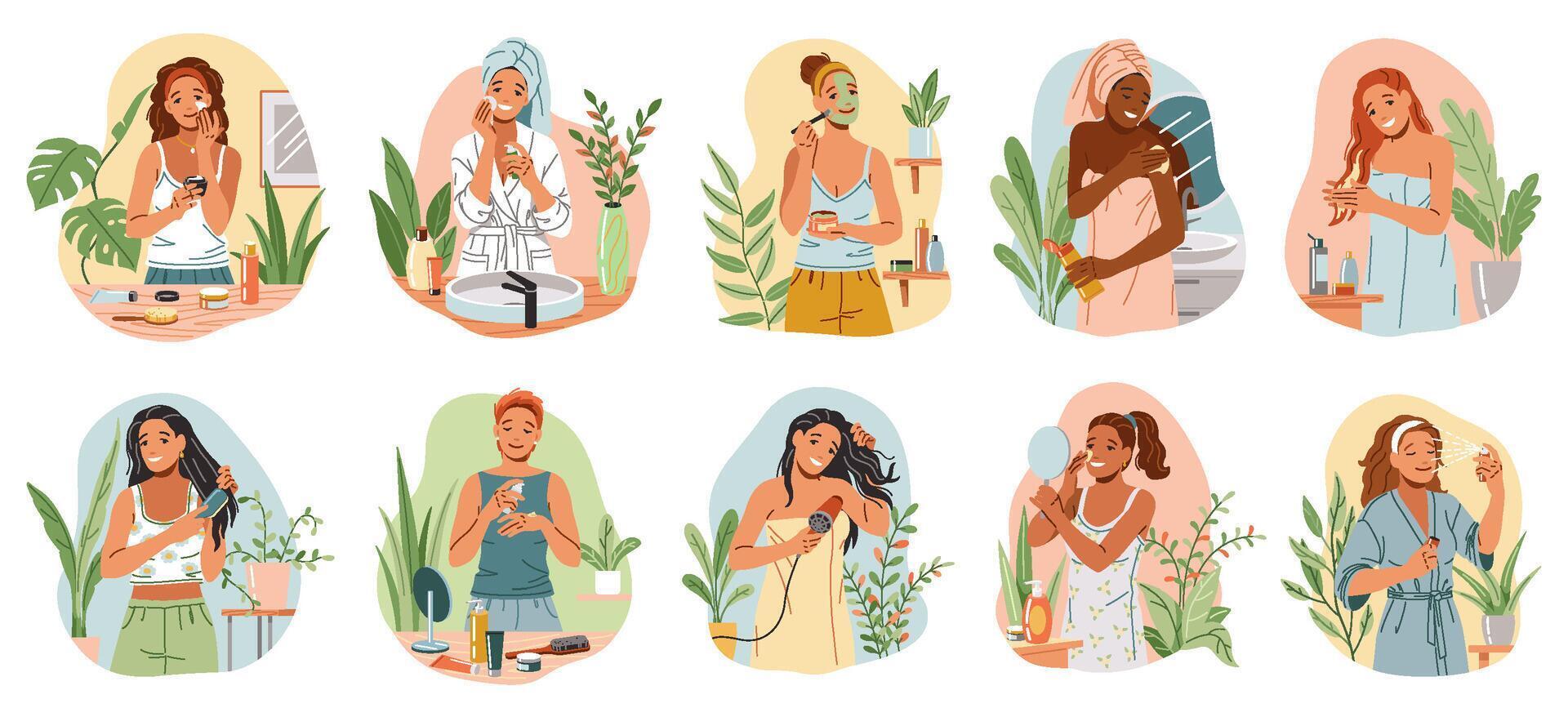 Young women taking time for self care at home flat color icon set. Pampering and spa treatment procedures after shower illustration pack on white vector