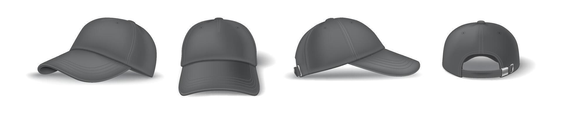 Casual black baseball cap mockup template realistic illustration set. Head clothing with brand template 3d models on white background vector