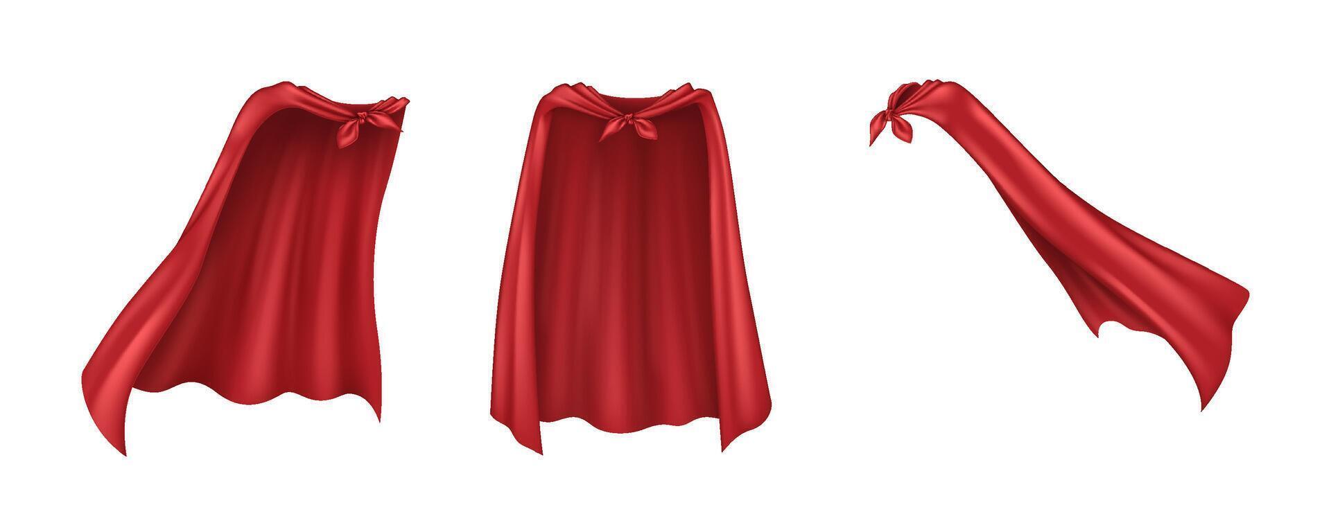 Superhero cloaks of red textile realistic illustration set. Hero clothing accessories 3d models bundle on background vector