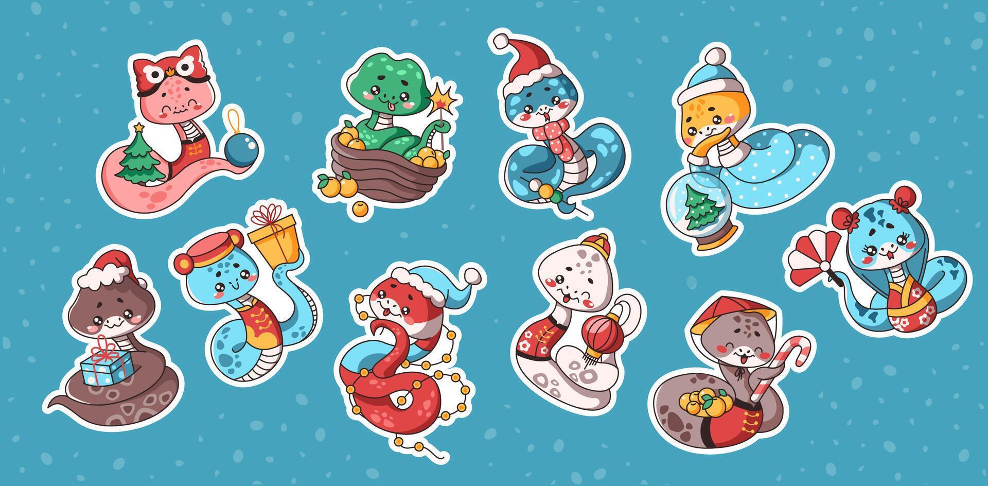 Kawaii snakes celebrating Chinese New Year flat illustration sticker pack. Horoscope symbolic animals colorful icons on blue background vector