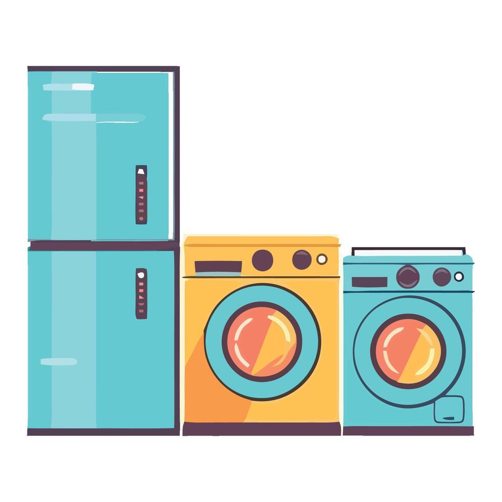 A set of appliances including a refrigerator, washer and dryer vector