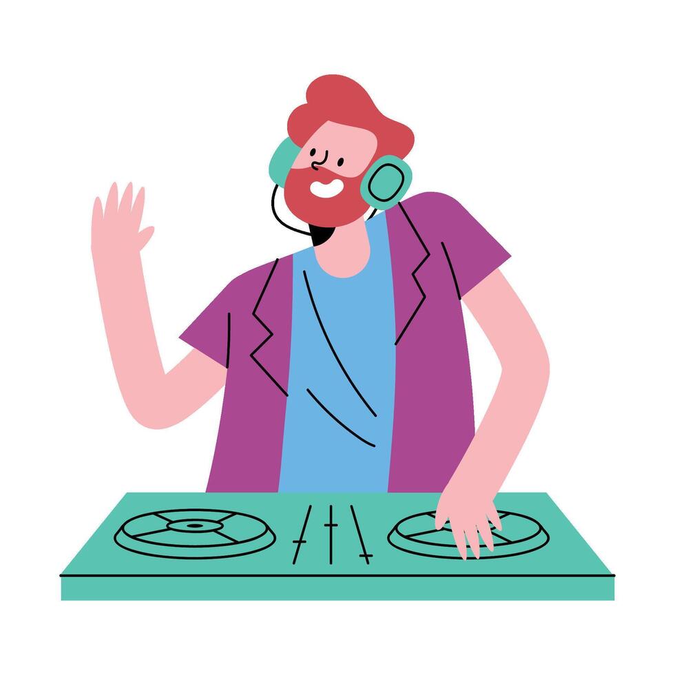 Dj with headphones and turntable on white background vector