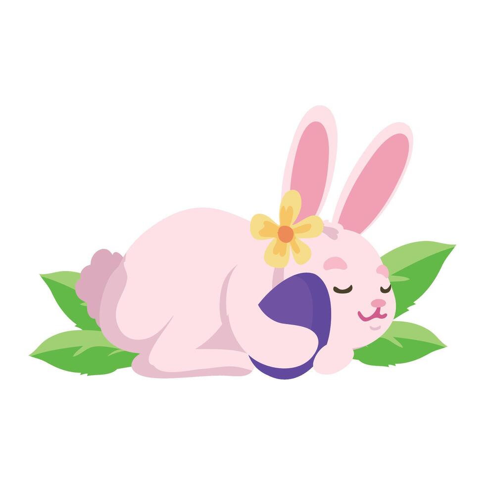 Cute pink bunny with flowers and eggs on white background vector