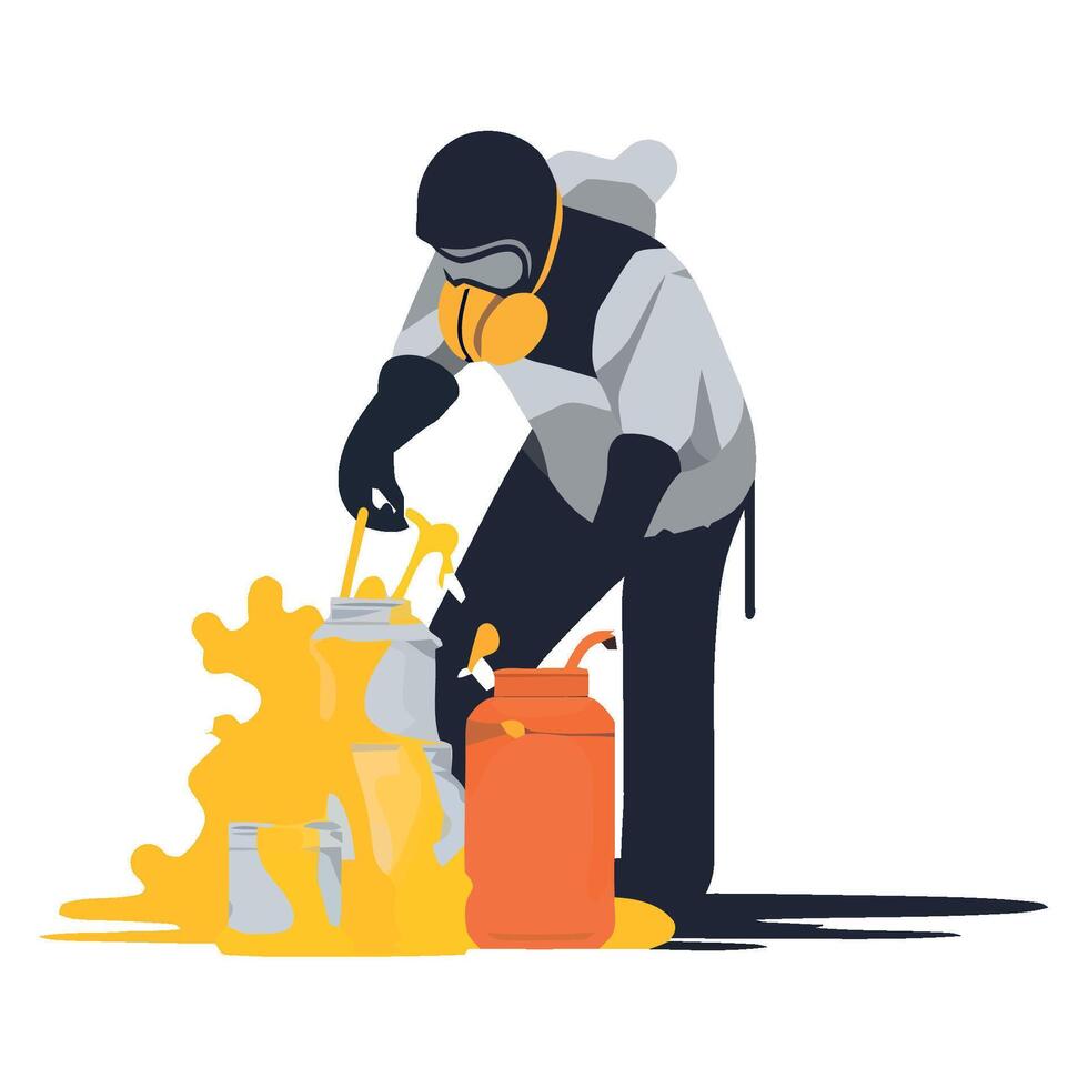 A man in a gas mask is pouring yellow liquid vector
