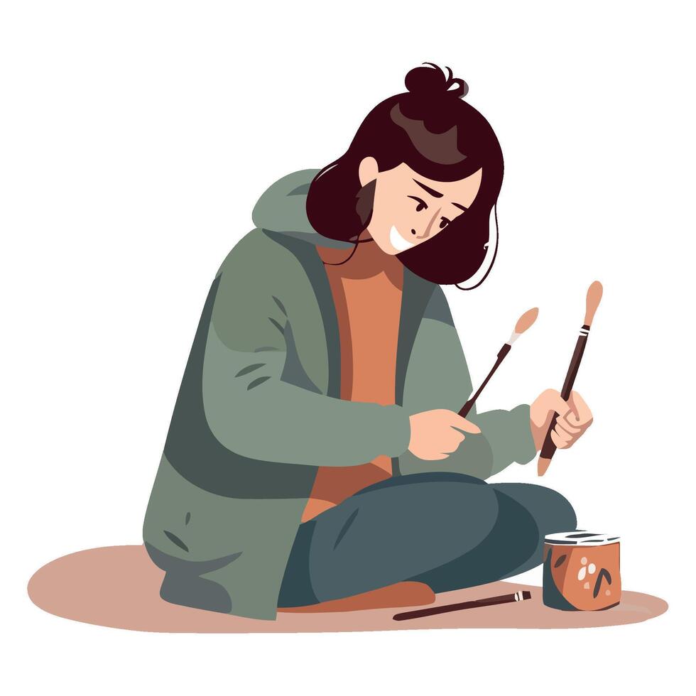 A woman is sitting on the ground with a paintbrush vector