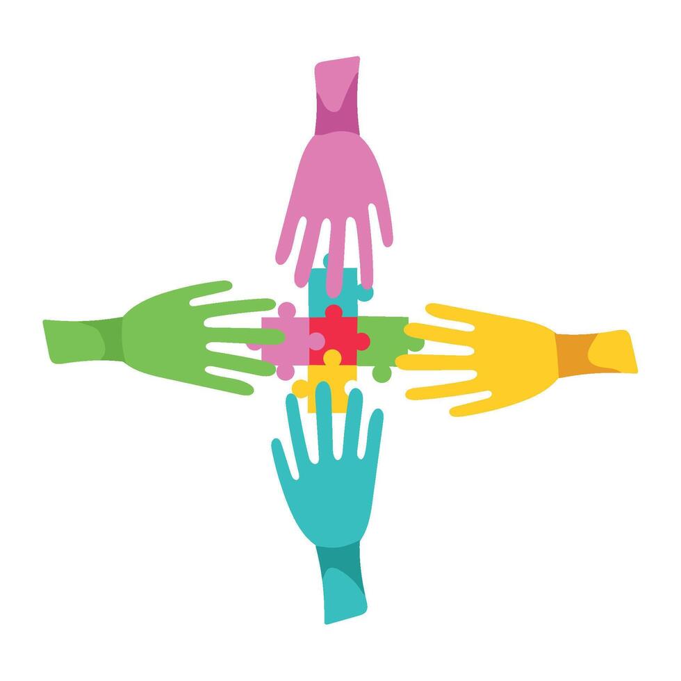 Colorful hands holding puzzle pieces together, illustration vector