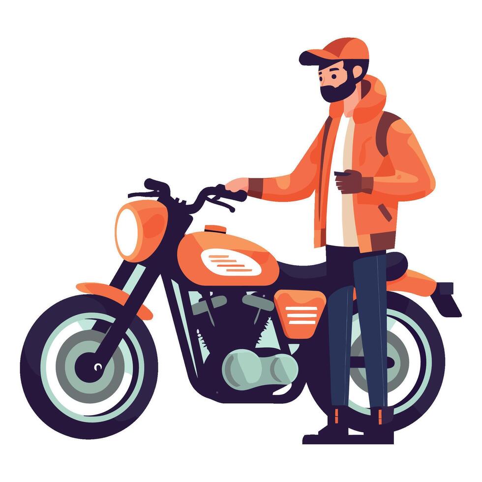 A man in an orange jacket is standing next to a motorcycle vector