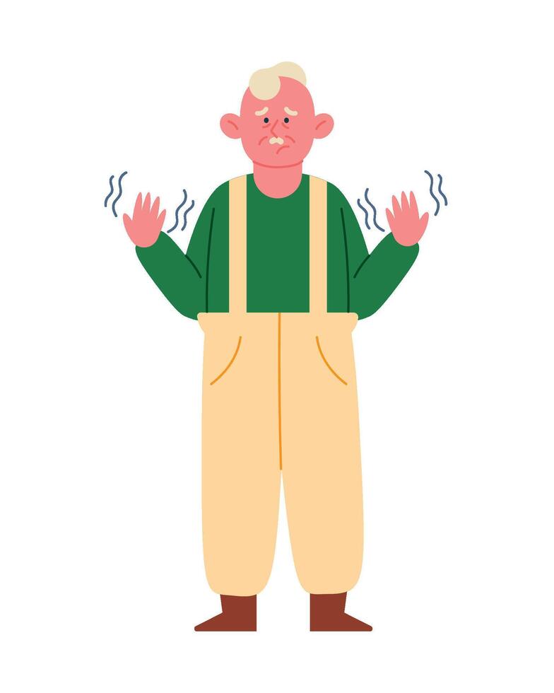 An old man with a cold is standing with his hands out vector