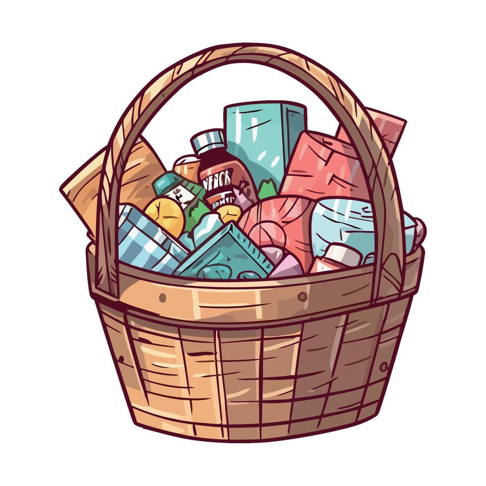 Basket with various items, including food and medicine vector